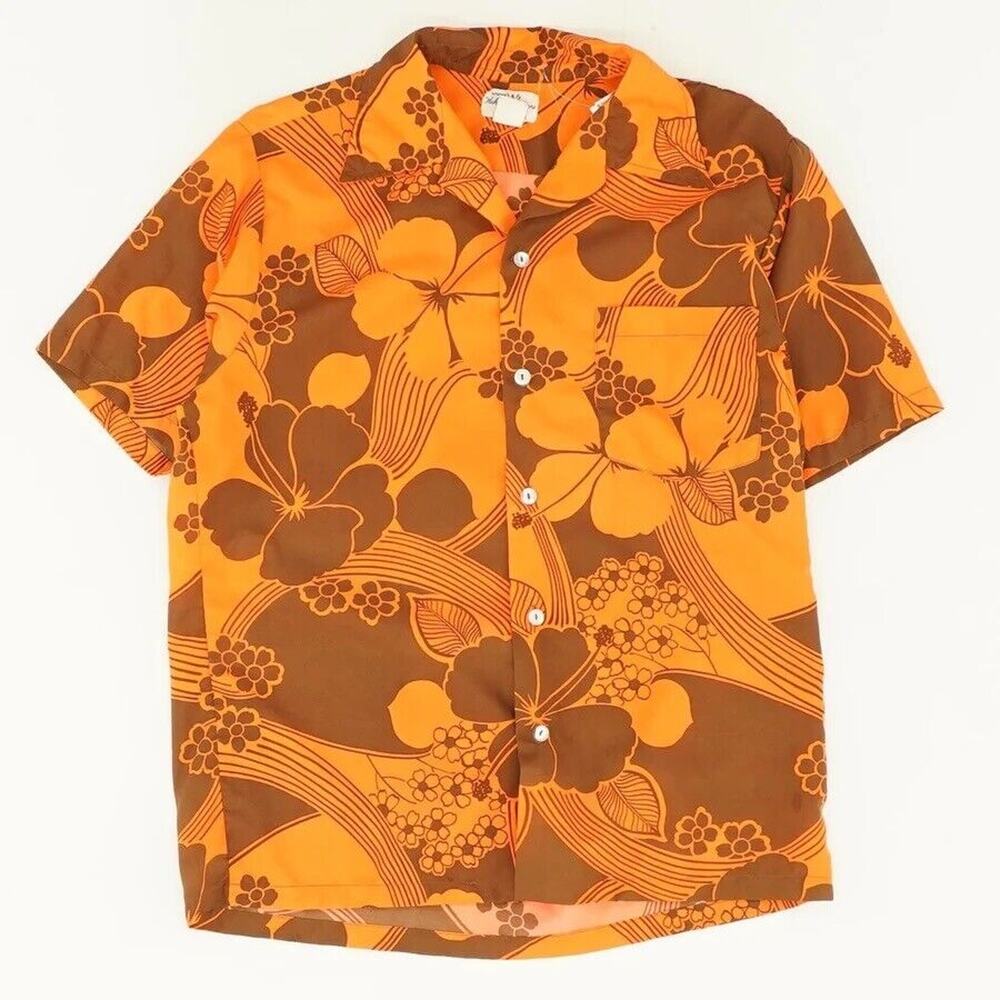Vintage Hawaiian Hukilau Fashion Shirt Flowers polyester Large Orange